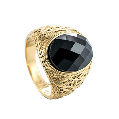Retro Unisex Stainless Steel Oval Gemstone Hollow Flower Carved Signet Ring - color: Gold-Black