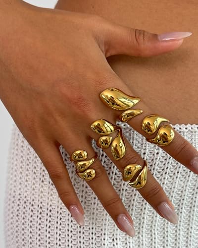 Chunky Gold Shell Starfish Ring Set for Women Trendy Gold Flower Scallop Seashell Starfish Gemstone Rings Adjustable Stacking Statement R-ings Non Tarnish Spring Summer Jewelry Accessories - color: A7:5 pcs
