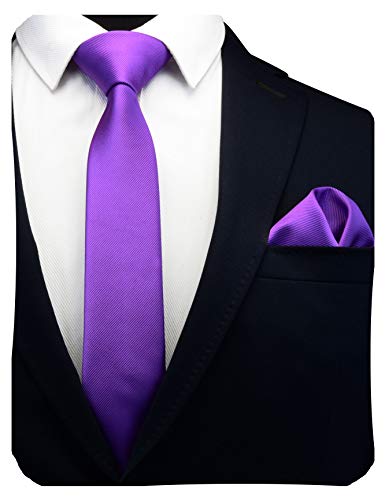 GUSLESON 2.4" Slim Necktie and Handkerchief Set For Men Solid Skinny Tie Set - color: Lavender Lilac