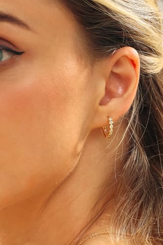 Round Huggie Ear Cuff Gold Earrings for Women | 18K Gold Plated Cubic Zirconia Sparkling | Clip On Cartilage| Simulated Diamond Bezel-Set CZ Huggie Hoop Earrings - color: Huggies - Silver