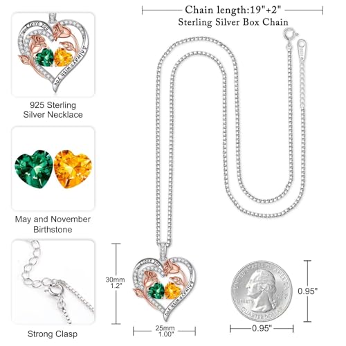 Iefil Birthstone Necklace for Women - Rose Heart Necklace | 925 Sterling Silver, Gift Box Packaging, Anniversary Birthday Gifts for Wife Mom Daughter - color: 05-11-May-Nov Birthstone