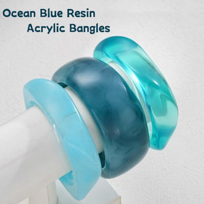 FAXHION Chunky Resin Acrylic Bangle Bracelets for Women, Colorful Wide Geometric Bangles Set, Statement Stackable Bracelet Jewelry Gift - color: Deep Blue