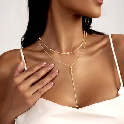 Zeffy Lariat Gold Necklace for Women, Dainty Long Necklace 14k Gold/Silver Plated Layered CZ Beaded Bar Chain Y-Shaped Body Chain Stack Drop Wedding Necklace Trendy Simple Gold Jewelry Gifts - color: Gold CZ Layered Y Necklace(2PCS)
