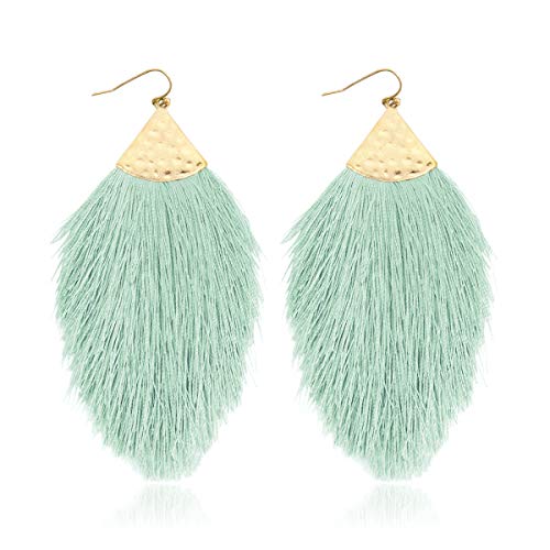 Bohemian Silky Thread Fan Fringe Tassel Statement Earrings - Lightweight Strand Feather Shape Dangles - color: Feather Fringe - Mint