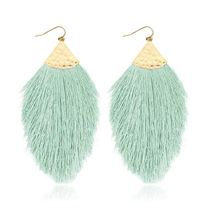 Bohemian Silky Thread Fan Fringe Tassel Statement Earrings - Lightweight Strand Feather Shape Dangles - color: Feather Fringe - Mint