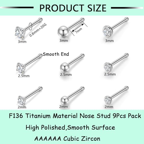 Gotumo 20G Nose Rings Titanium Nose Studs Cubic Zirconia Straight Nose Piercing Jewelry Hypoallergenic Nose Rings Studs for Women Men 6pcs set Silver - color: Silver, size: 20G Straight 9pcs