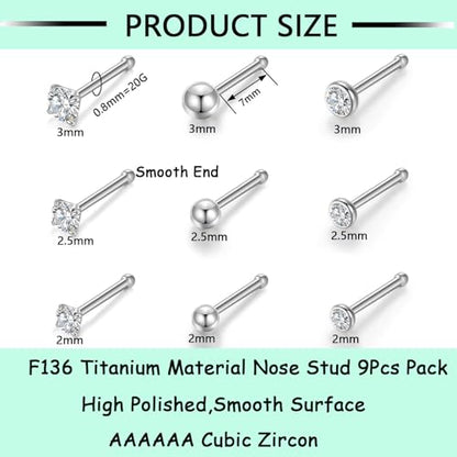 Gotumo 20G Nose Rings Titanium Nose Studs Cubic Zirconia Straight Nose Piercing Jewelry Hypoallergenic Nose Rings Studs for Women Men 6pcs set Silver - color: Silver, size: 20G Straight 9pcs