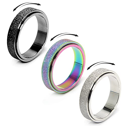 OreilleStar Titanium Stainless Steel Anxiety Ring for Women Men Fidget Spinner Ring, Size 6-12, Width 6MM, 5-Color: Rose Gold-Rainbow-Silver-Black-Blue - color: 3 Colors(Silver,Rainbow,Black)