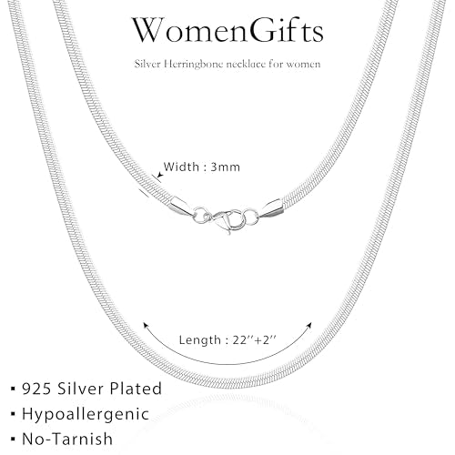 WomenGifts 14K Gold Silver Plated Herringbone Necklace for Women, Dainty Snake Chain Choker, Trendy Simple Long Layered Jewelry Non Tarnish, 3/4/5/8mm,14,16,18,20,22,24,26 Inch Thin & Chunky Options - color: Silver, style: 3mm-22inch