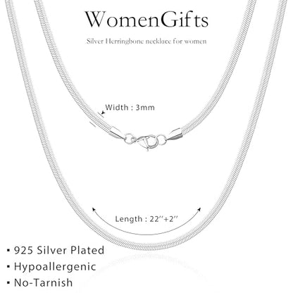 WomenGifts 14K Gold Silver Plated Herringbone Necklace for Women, Dainty Snake Chain Choker, Trendy Simple Long Layered Jewelry Non Tarnish, 3/4/5/8mm,14,16,18,20,22,24,26 Inch Thin & Chunky Options - color: Silver, style: 3mm-22inch