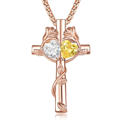 Rose Gold Cross Necklace with 2 Birthstones and Rose | Cross with Birthstone Necklace, Hypoallergenic, Adjustable Rolo Chain, Birthday Gifts, Catholic Christian Religious Jewelry - color: 04-11-Apr-Nov Birthstone
