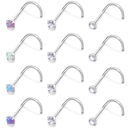 Cisyozi 18G 20G 22G Nose Rings Studs Surgical Steel Nose Stud Set 1.5mm 2mm 2.5mm 3mm Diamond Cubic Zirconia Opal Screw L Shaped Straight Nose Piercing Jewelry for Women Men - color: A:22G-Screw -1.5mm