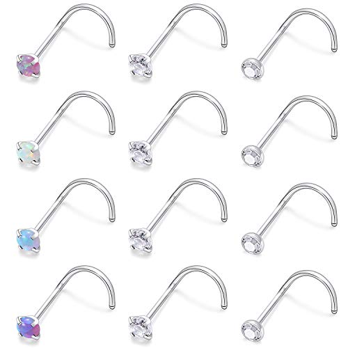 Cisyozi 18G 20G 22G Nose Rings Studs Surgical Steel Nose Stud Set 1.5mm 2mm 2.5mm 3mm Diamond Cubic Zirconia Opal Screw L Shaped Straight Nose Piercing Jewelry for Women Men - color: A:22G-Screw -3mm