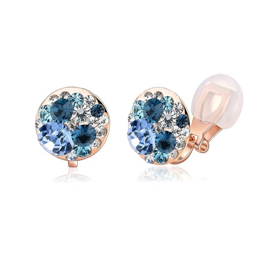 EVEVIC Multicolor Austrian Crystal Round Clip On Earrings for Women | 14K Gold Plated,Silicone Comfort Pad,Playful Colorful Crystal,Gift Box Included,Perfect for Daily Wear and Special Events - color: Blue Main Crystal/Rose Gold-tone