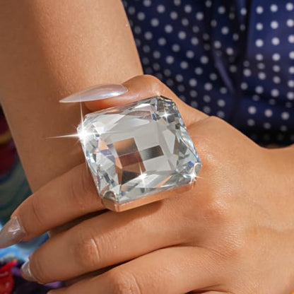 Chunky Oversized Huge Square Open Ring for Women Artificial Crystal Rhinestone Band Rings Statement Geometry Exaggerated Adjustable Cocktail Party Jewelry - color: Silver