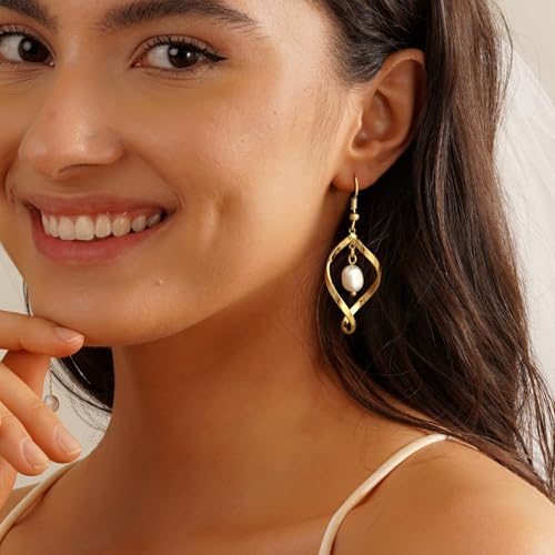 Chunky Gold Hoop Earrings for Women Non Tarnish, 14k Gold Plated Thick Triple Hoop Earrings Hypoallergenic Trendy Hoops Dainty Jewelry Gifts for Women - style: Dangle Pearl