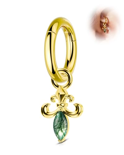Clicker Rook Piercing Jewelry, 16G Moss Agate Rook Earrings Dangle, Stainless Steel Helix Lobe Hoop Earrings 6/8MM - color: YG-6MM