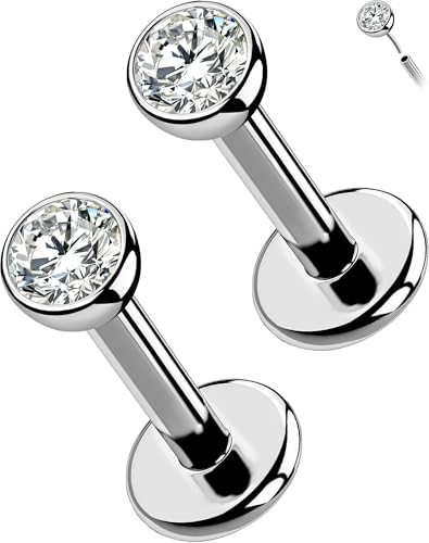 OUFER 2Pcs 20G/18G/16G G23 Titanium Threadless Nose Stud Earrings Flat Back Tiny CZ Small Nose Helix Cartilage Tragus Conch Labret Medusa Monroe Piercing Jewelry for Women Men - color: Silver, size: 2pcs, 16g 4.5mm, 3mm cz