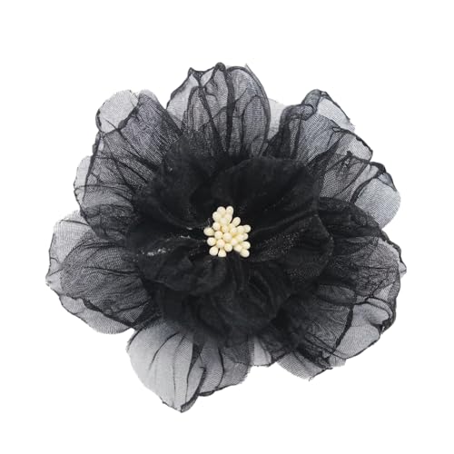 Elegant Organza Flower Brooch Pin for Women Men Delicate Fabric Camellia Floral Lapel Pins Dress Skirt Scarf Hat Clothing Decoration Accessories Holiday Wedding Party Fashion Jewelry 100mm - color: Black