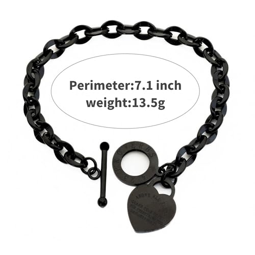 Heart Charm Bracelet Plated 18K Gold/Silver/Rose Gold Bible Scripture Heart Bracelet for Women Jewelry Gift Zircon Her Link Chain OT Clasp Stainless Steel Birthday - color: Black, size: 7.1 inch