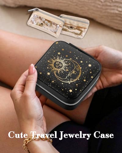 Bistup Travel Jewelry Case - Small Jewelry Organizers and Storage Box for Women Girls Teens Cute Traveling Jewelry Holder with Mirror Little Tiny Compact Modern Unique Aesthetic Pretty, Sun and Moon - style: Sun Moon