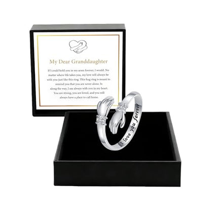 Granddaughter Daughter Hug Ring For Hope Rings, Stainless Steel Inspirational Jewelry Engraved Always With You Love You Forever Message Adjustable Non Tarnish Jewelry Birthday Gift Card - color: CZ LYF(Dear)