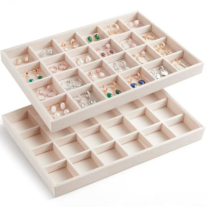 Cinnvoice 2 Pcs Stackable Jewelry Organizer Tray for Drawer, 24 Grids Velvet Earrings Ring Tray for Selling Earring Necklace Bracelet Showcase Display Organizer (Beige)
