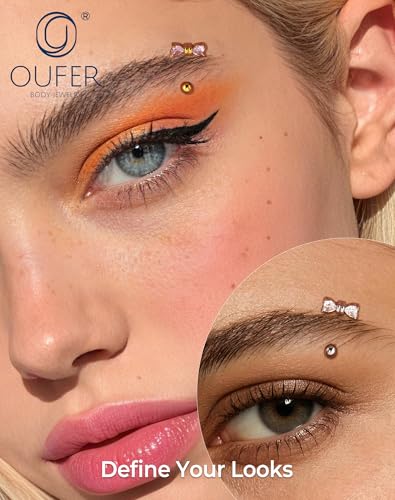 OUFER 16G Rook Earring Piercing Jewelry-316L Surgical Steel Pink Clear CZ Bow Eyebrow Rings, 6/8MM Curved Barbell Vertical Labret Lip Piercing Jewelry - color: Gold-PK