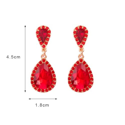 Classic Austrian Crystal Tear Drop Clip on Dangle Earrings for Women - color: Red