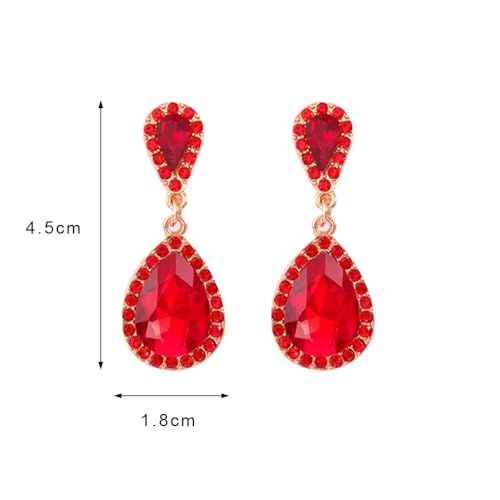 Classic Austrian Crystal Tear Drop Clip on Dangle Earrings for Women - color: Red