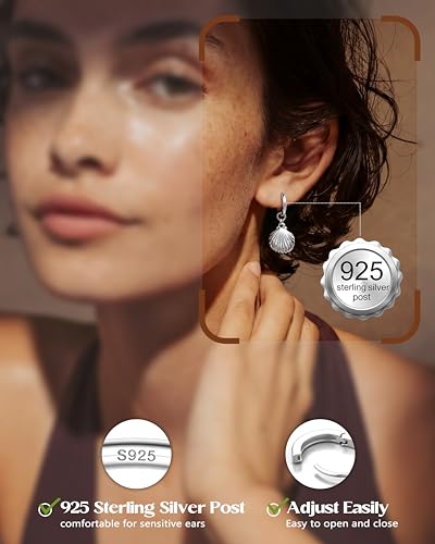 FIBO STEEL 14K Gold Plated Hoop Earrings with Charms for Women Huggie Hoops | Hypoallergenic 925 Sterling Silver Post Dangle Earrings Small Silver Gold Hoops Earring Cubic Zirconia Dangle Drop Jewelry - color: Shell - Silver Plated