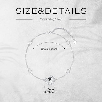 925 Sterling Silver Anklet Foot Bracelet with Crystal from Austria, Anklet Jewelry Gifts for Women 11 Inch Adjustable - style: Moon and Star