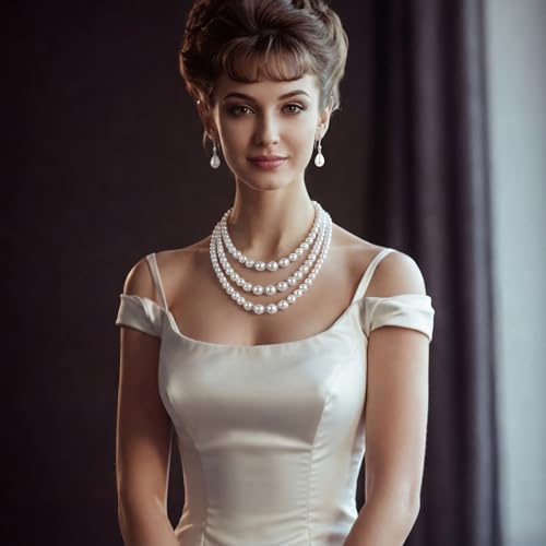Glenmal Pearl Rhinestone Jewelry Set for Women Pearl Necklace Bracelet Earrings for Wedding Halloween Bridal Shower Tea Party - style: Classy Style