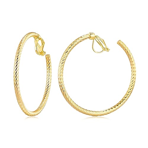 YOQUCOL 5CM(2.0IN) Golden Swingable Clip On Hoop Earrings for Women Non Pierced Ears Hoop Earrings - color: B