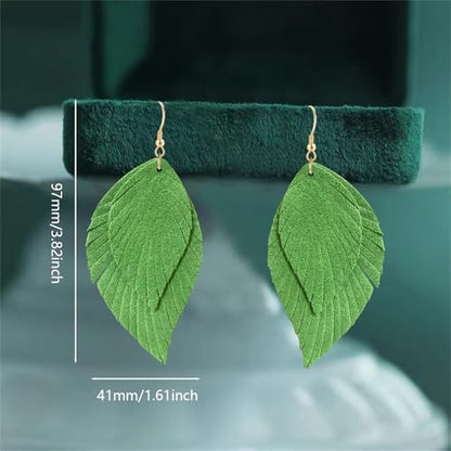 Genuine Leather Handmade Fringe Feather Lightweight Dangle Drop Earrings Teardrop Tassel Hook Earrings for Women - style: 6 Bright Green