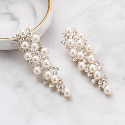 BriLove Women's Wedding Bridal Crystal Simulated Pearl Multi Beaded Cluster Chandelier Dangle Earrings - color: Ivory Color