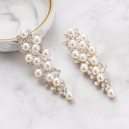 BriLove Women's Wedding Bridal Crystal Simulated Pearl Multi Beaded Cluster Chandelier Dangle Earrings - color: Ivory Color