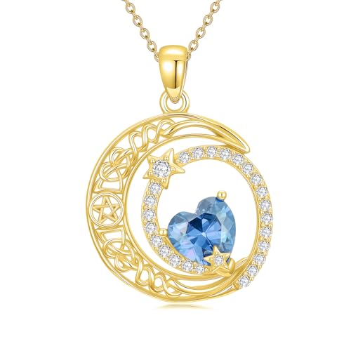 Midari 18K Yellow Gold Sun Moon Star Pendant Rose Flower Necklaces I Love You Forever Sun Moon Jewelry Gift for Mother Women - color: 03-Mar-Aquamarine, style: Moon&Star