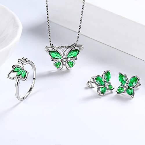 Aurora Tears Butterfly Jewelry,Women 925 Sterling Silver Butterflies Birthstone Pendant Necklace/Earrings/Rings Wedding Gift - color: E.May-set 2