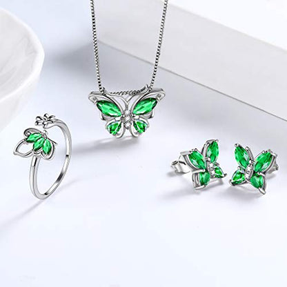 Aurora Tears Butterfly Jewelry,Women 925 Sterling Silver Butterflies Birthstone Pendant Necklace/Earrings/Rings Wedding Gift - color: E.May-set 2