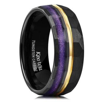 King Will Black Tungsten Rings for Men Hammer Wedding Band | Black, Grooved, Hammer Wedding Band Gold Groove, Sand Inlay, Everyday Wear - color: Black & Purple Sand Inlay