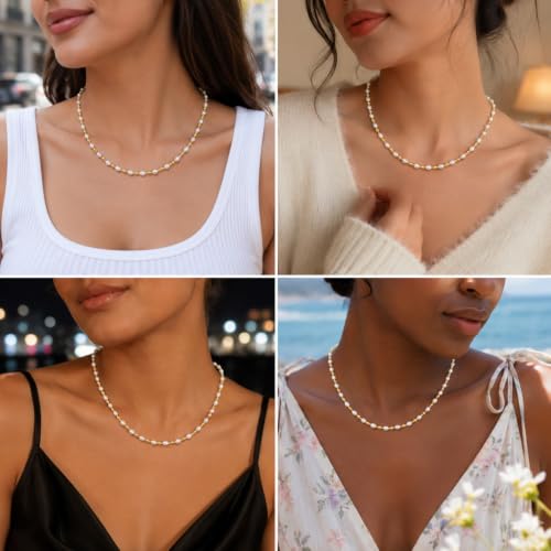 Pearl Necklaces for Women Trendy, Dainty Beaded Choker Necklace, 14K Gold Plated Station Chain, Simple Layering Wedding Prom Jewelry Gift - color: Gold Pearl Beaded Station