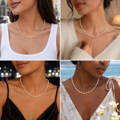 Pearl Necklaces for Women Trendy, Dainty Beaded Choker Necklace, 14K Gold Plated Station Chain, Simple Layering Wedding Prom Jewelry Gift - color: Gold Pearl Beaded Station