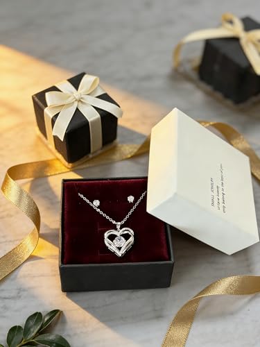Silver Jewelry Set, Heart-shaped Necklace and Earrings Set, White Gold Plated with Cubic Zirconia, Double Heart Pendant, Women's Fashion Jewelry Set, Gift for Her