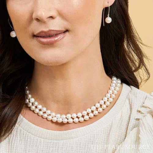 The Pearl Source White Freshwater Double Strand Pearl Necklace for Women - AAA Quality with Sterling Silver - Fine Jewelry Gift