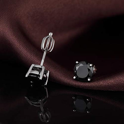 Stud Earrings with Screw Back, 925 Sterling Silver Cubic Zirconia Round Cut/Square Cut Stud Earrings for Women and Men, Long & Thick Post, 4MM-8MM - color: F-Crown-Round-Black, size: 6MM