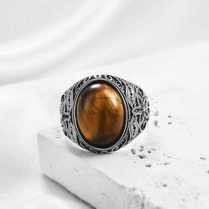 Retro Large Tiger Eye Stone Turquoise Wedding Ring For Men Classical Gothic Stainless Steel Rings - color: Silver-Coffee
