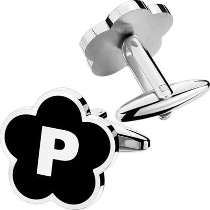 Initial Cufflinks for Men, Black Silver Letter Personalized Shirts CuffLinks,Stainless Steel Cuff Links,Gifts for Wedding Party Business Valentine - style: Letter P