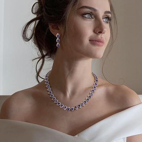 EleQueen Women's Silver-Tone Full Prong Cubic Zirconia Teardrop Bridal Necklace Earrings Set - color: 05-Amethyst Color