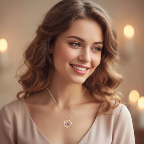 Compass Necklace for Women Wife Girlfriend Mom Daughter Gifts | S925 Silver Jewelry For Anniversary 18K Rose Gold Gifts For Birthday Christmas Mothers Valentines Day 12 Birthstones - style: 02-February-Rose Gold